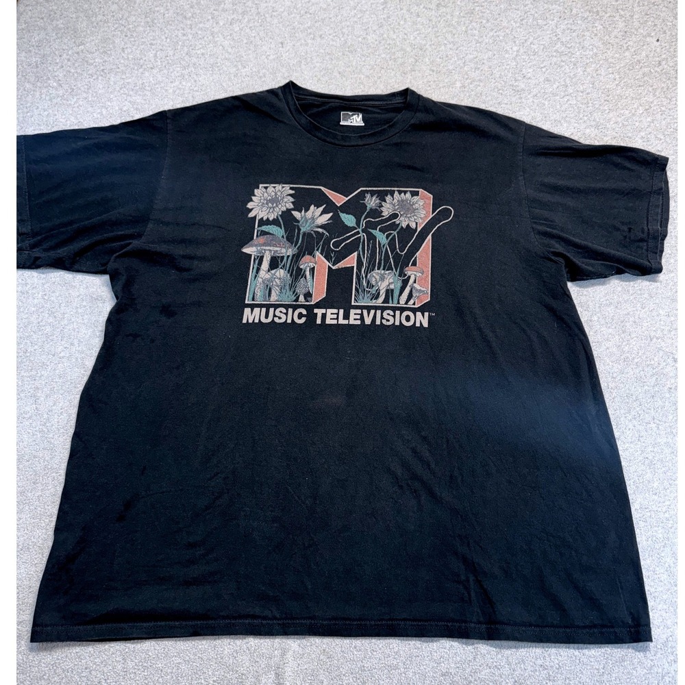 MTV Graphic T-Shirt Mens 2XL Black Mushroom Sunflower Music Television Tee Retro